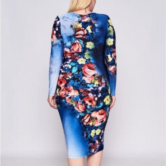 Floral Sweet Blue Bodycon Dress 1X - Picture 4 of 6